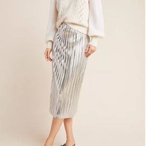 Metallic Silver Pleated Midi Skirt